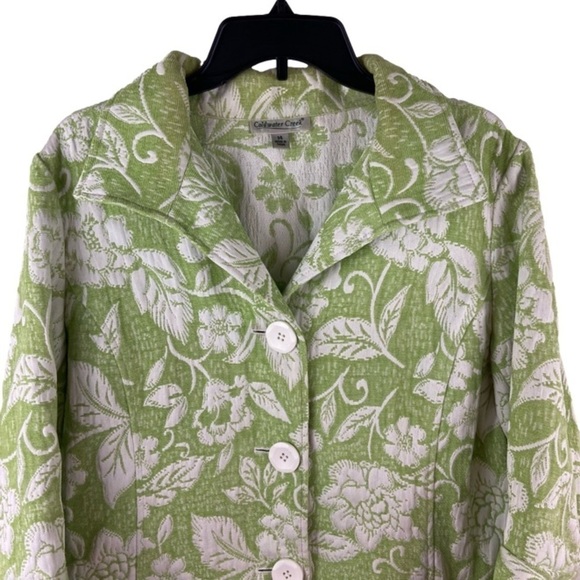 Coldwater Creek Lime Green Damask Jacquard Floral 3/4 Sleeve Button Front Jacket - Picture 3 of 11